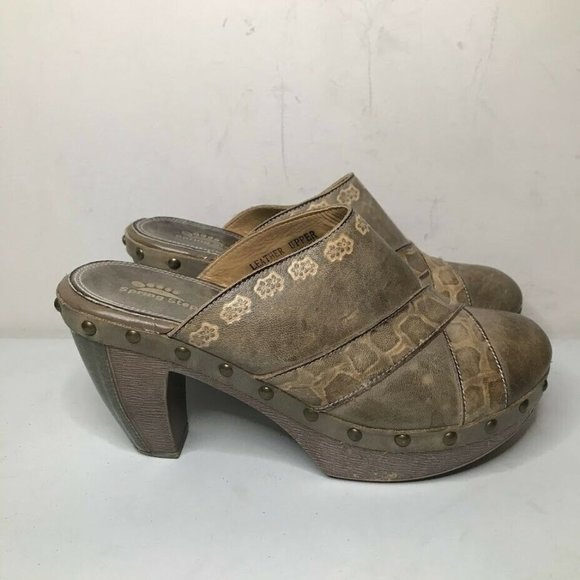 Spring Step Shoes - Spring Step Leather Mule Womens 39 US 8.5 Tan Reptile Print Clog 4" Heel Slip On